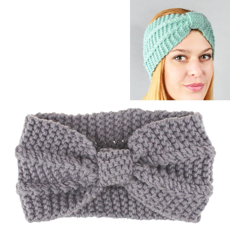Light gray knitted turban headband with wide bow, textured crochet knit, stretch hair wrap