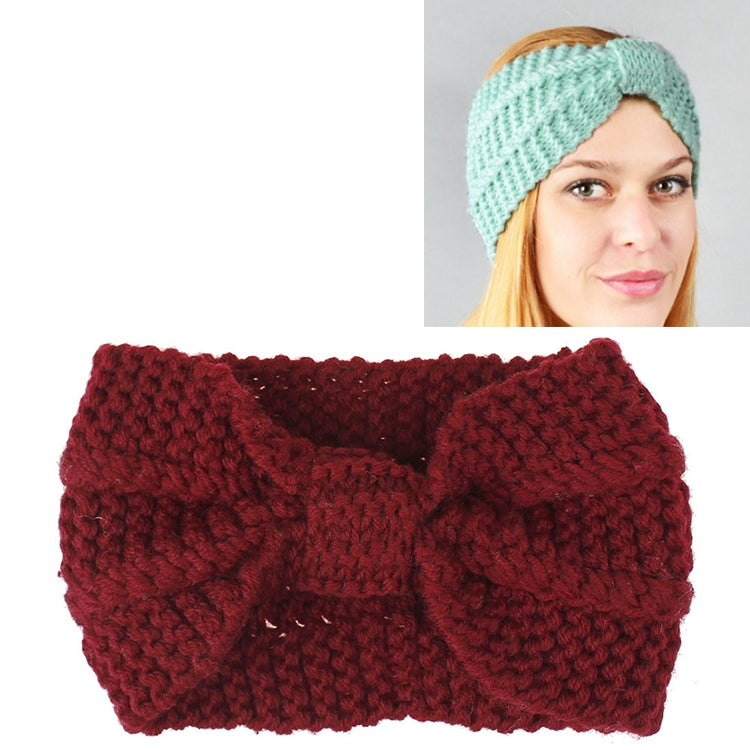 Wine red knitted turban headband with wide bow, textured crochet knit, stretch hair wrap