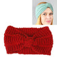Red knitted turban headband with wide bow detail, textured crochet knit, stretch hair wrap