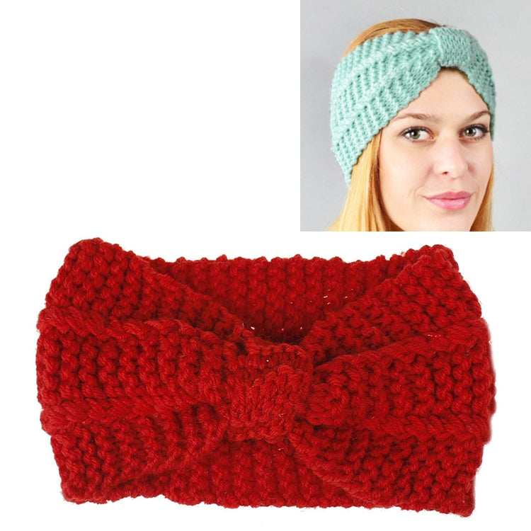 Red knitted turban headband with wide bow detail, textured crochet knit, stretch hair wrap