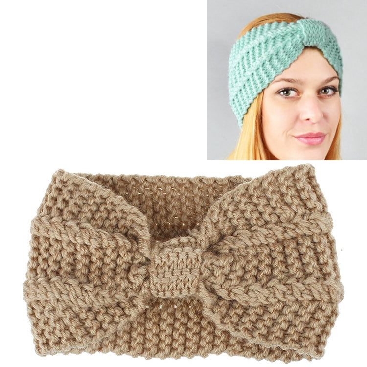Chunky knit headband turban with bow, tan beige wide stretch hair wrap