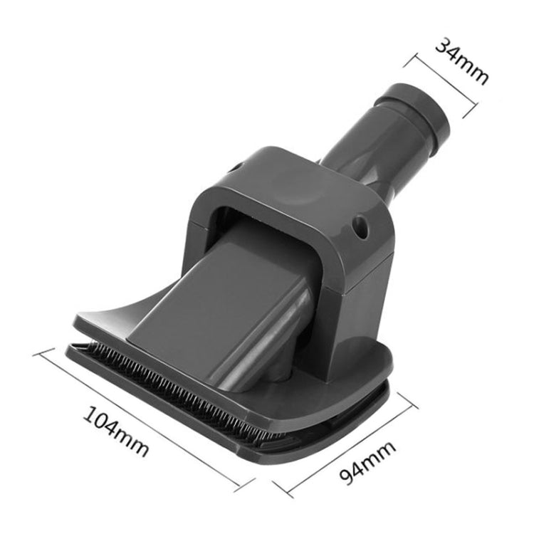 Gray pet brush attachment with suction opening and stiff bristle base, 104x94mm