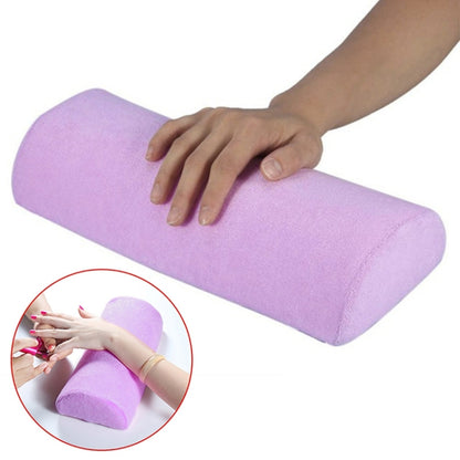 Purple foam hand rest cushion for manicures, cylindrical bolster with smooth cover