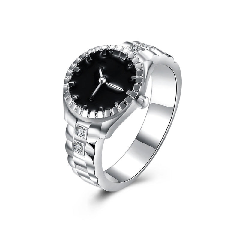 Silver-tone quartz watch ring with round black dial and crystal-studded bezel