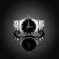 Silver-tone watch ring with black dial, crystal hour markers and metal bracelet