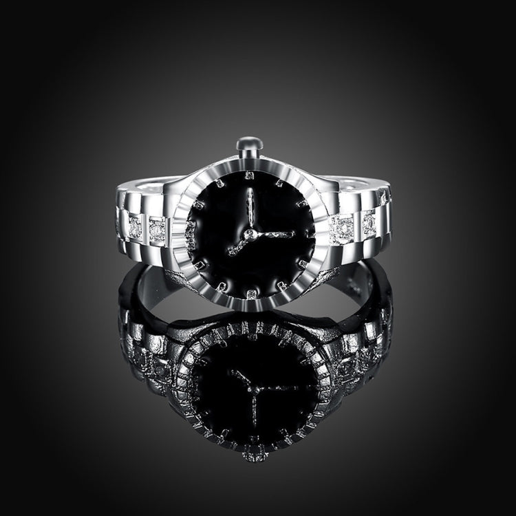 Silver-tone watch ring with black dial, crystal hour markers and metal bracelet