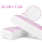 White wax hair removal paper strips with pink printed label, depilatory use