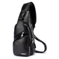 Men's black single-strap chest bag with curved shape and front dual zippers