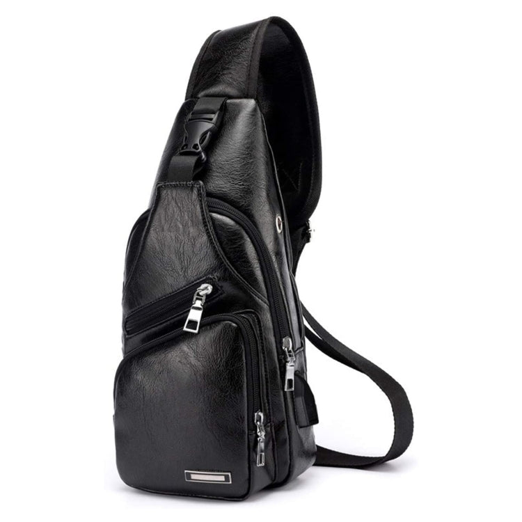 Men's black single-strap chest bag with curved shape and front dual zippers