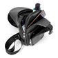 Men's black chest bag with open compartments and zippered front pocket for phone
