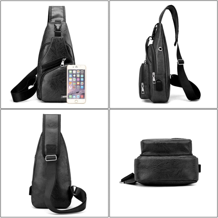 Men's black chest bag with phone pocket and multiple zippers, shown from several angles
