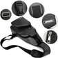Men's black chest bag close-up with front hardware details and adjustable crossbody strap