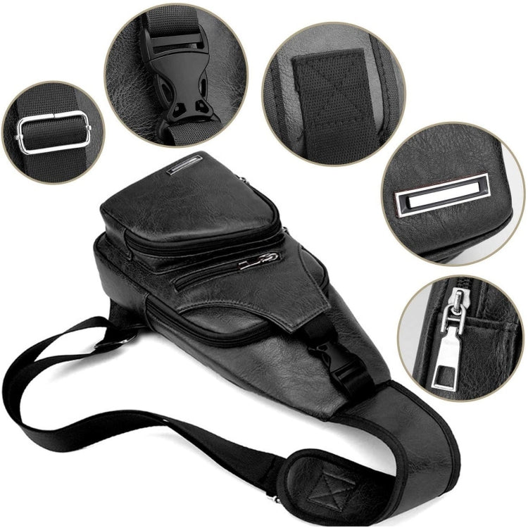 Men's black chest bag close-up with front hardware details and adjustable crossbody strap