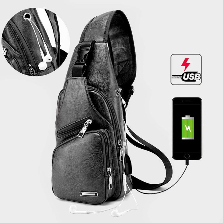 Men's black chest bag with USB charging port and wired power pass-through