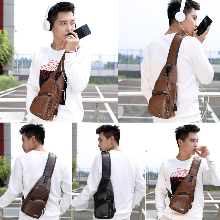 Men's brown single-strap chest bag worn over shoulder with headphone-style cutout