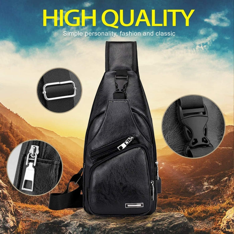 Men's black single-strap chest bag with zip front pocket and adjustable shoulder strap