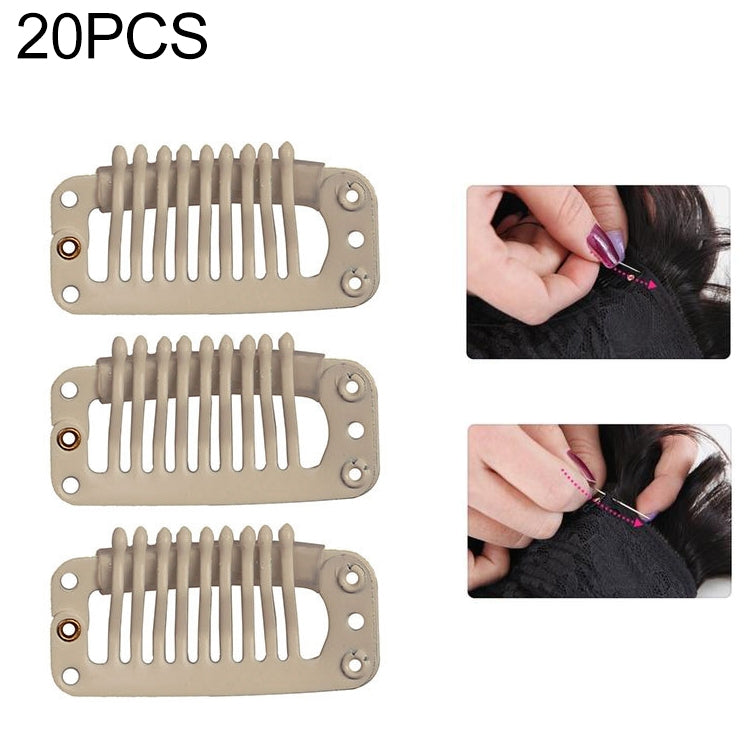Set of 20 light beige/blonde hair extension snap clips with silicone back and 9-tooth combs
