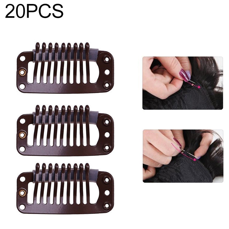 Set of 20 dark brown hair extension snap clips with silicone back and 9-tooth combs