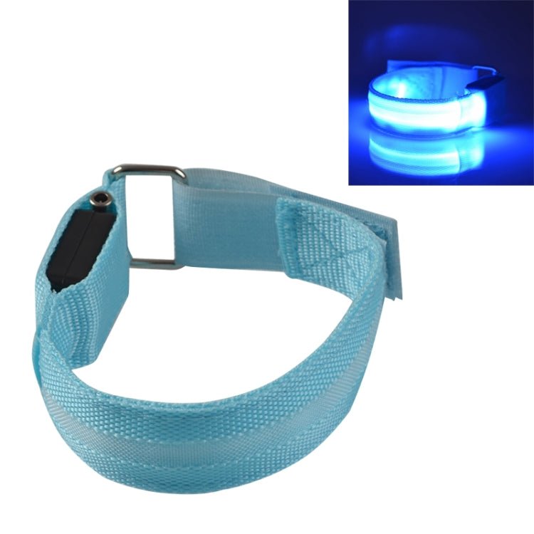 Light blue LED light armband bracelet with adjustable metal buckle and black control module