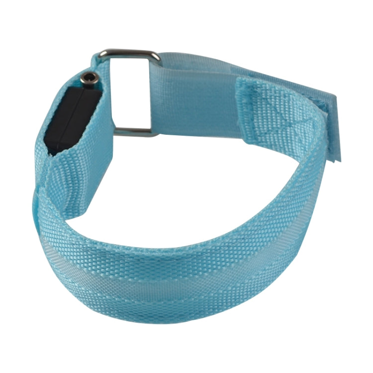 Light blue LED light armband bracelet with wide strap and black LED control module