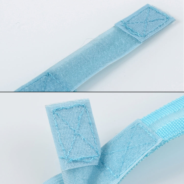 Light blue LED light armband strap with stitched fabric panels and adjustable end tab