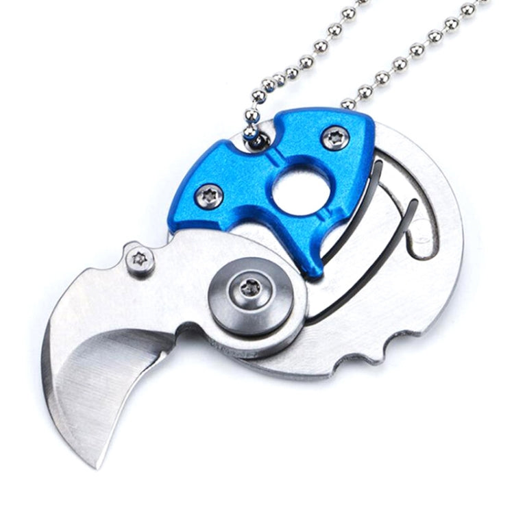 Portable mini folding blade knife keychain multitool with blue handle, silver blade, ball chain