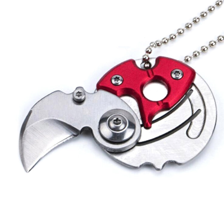 Portable mini folding blade knife keychain multitool with red handle and silver folding blade