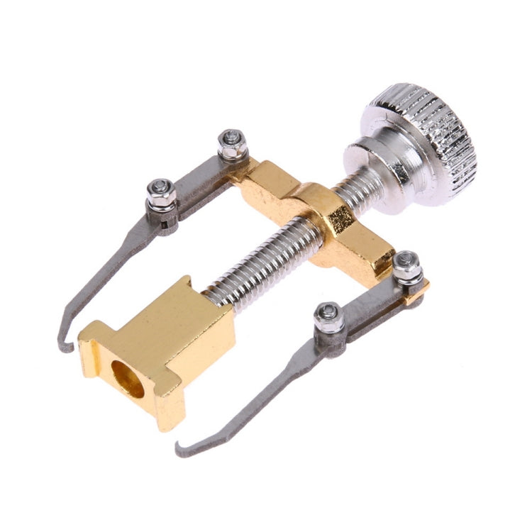 Silver toe nail care clip tool with threaded screw, knurled knob, and two prongs