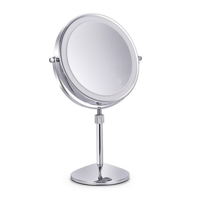 Round desktop LED makeup mirror with stand and two-sided reflective glass