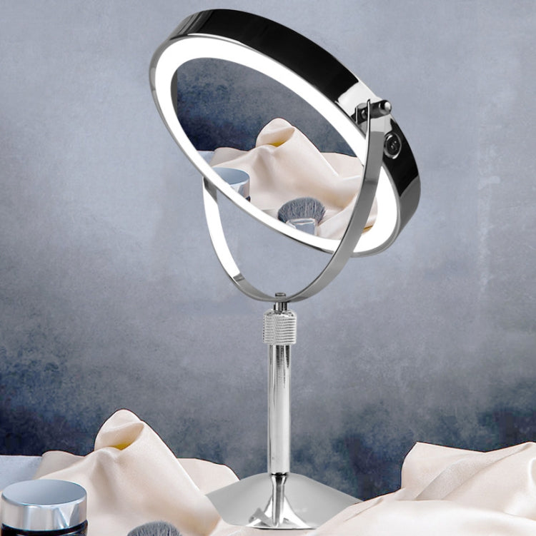 Wall-mount style round LED makeup mirror with liftable stand and chrome frame
