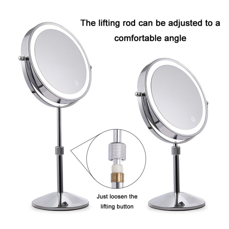 Desktop round LED makeup mirror with adjustable lift rod to set viewing angle