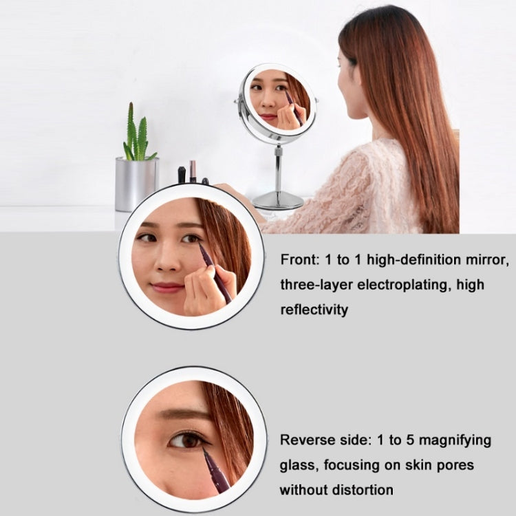 Desktop LED makeup mirror showing front and reverse magnified reflections