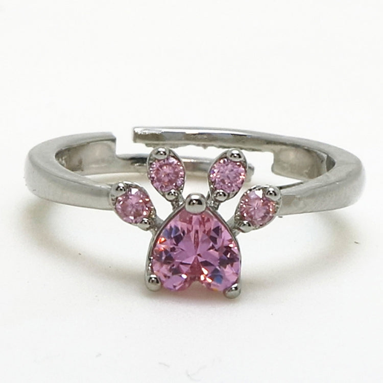 Cat-claw adjustable ring with oval and round pink crystals, silver-tone band