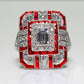 Square-cut crystal zircon engagement ring with clear stones and red halo accents