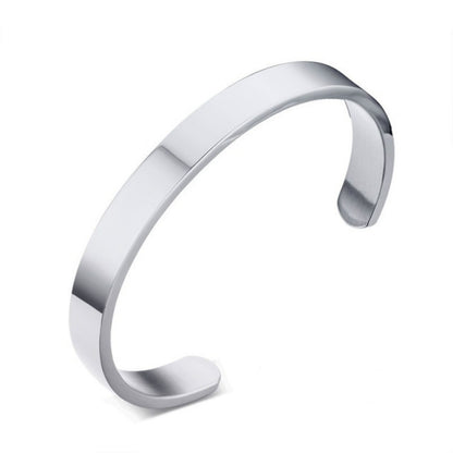 Polished stainless steel cuff bracelet bangle, open design, silver finish