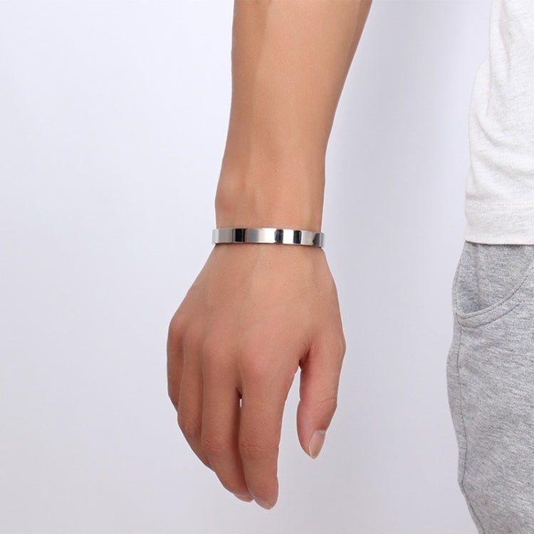 Stainless steel cuff bracelet bangle, open design, silver finish on wrist