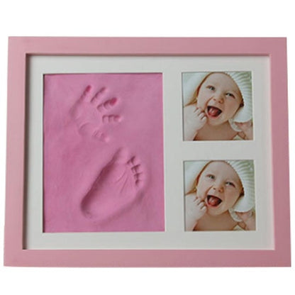Pink wooden baby hand and foot print photo frame with cover, two baby picture slots