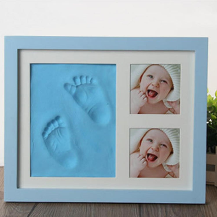 Blue wooden baby hand and foot print photo frame with cover, two baby photo slots