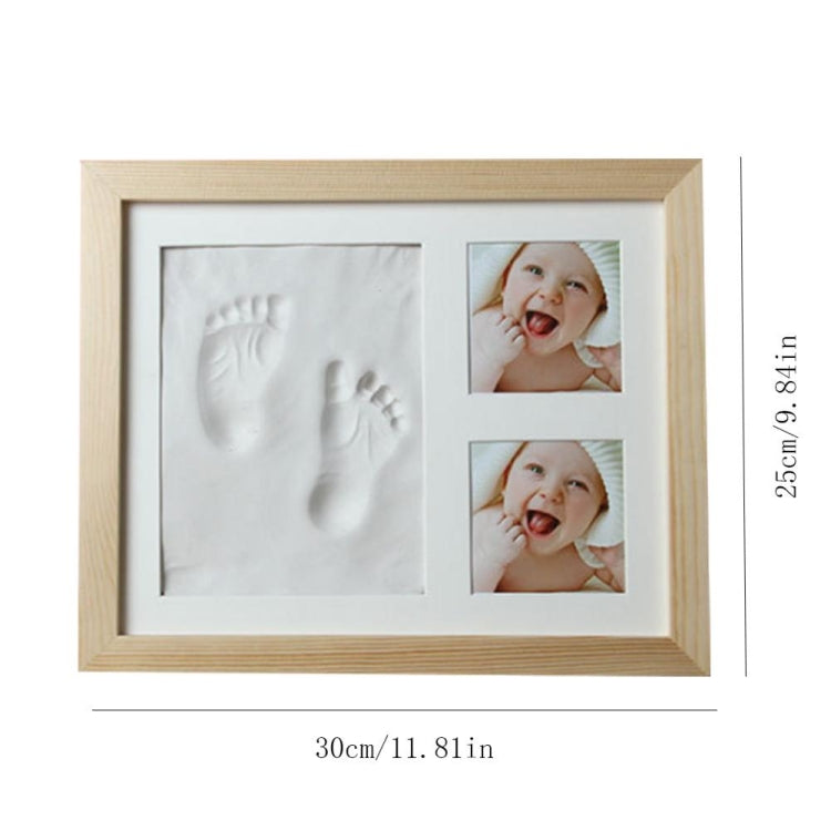 Light wood baby hand and foot print photo frame with cover, two baby photo slots