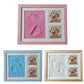 Pink wooden baby hand and foot print photo frame with cover, two baby photo inserts