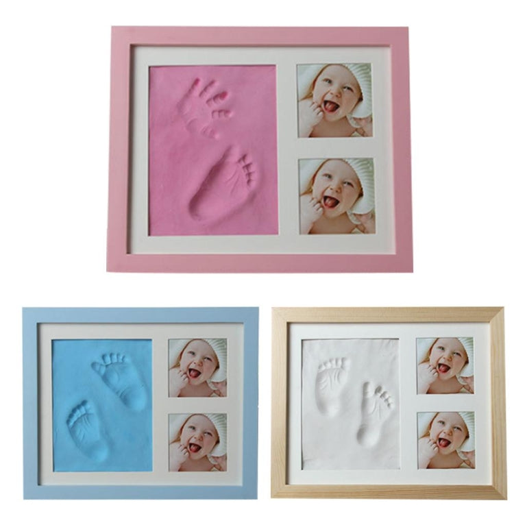 Pink wooden baby hand and foot print photo frame with cover, two baby photo inserts