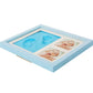 Light wood baby hand and foot print photo frame with cover, blue imprint and two photos