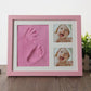 Pink wooden baby hand and foot print photo frame with cover, two baby photo slots