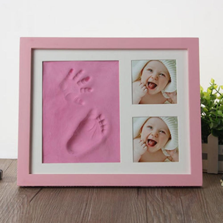 Pink wooden baby hand and foot print photo frame with cover, two baby photo slots