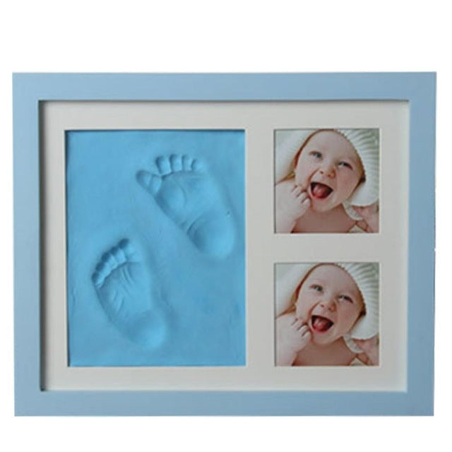 Blue wooden baby hand and foot print photo frame with cover, two baby picture inserts