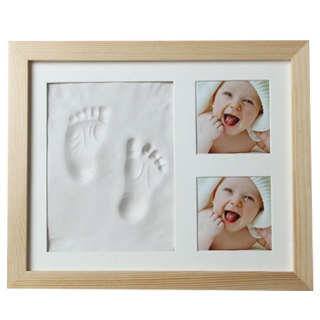 Light wood baby hand and foot print photo frame with cover, white imprint and two photos