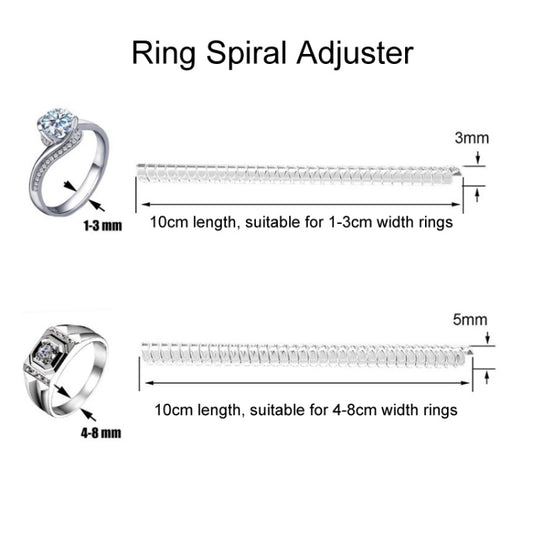Ring spiral adjuster tool with coiled strip and sizing width indicators