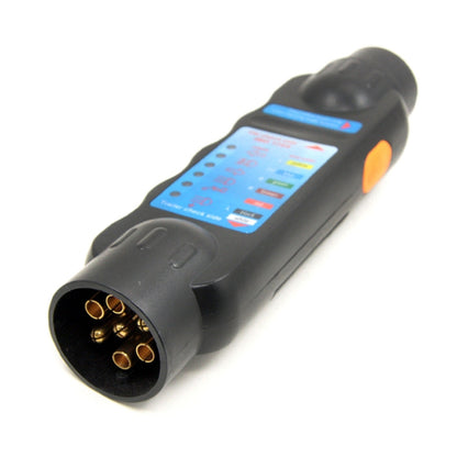 7-pin European trailer plug wiring tester, black handheld with blue ISO label