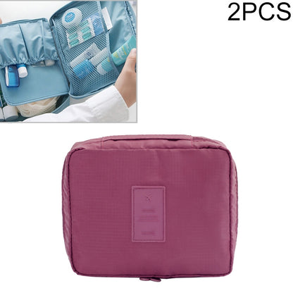 Wine red zippered cosmetic toiletry organizer bag, rectangular, padded shell.