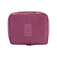 Wine red zippered toiletry organizer bag with front logo patch and carrying loop.